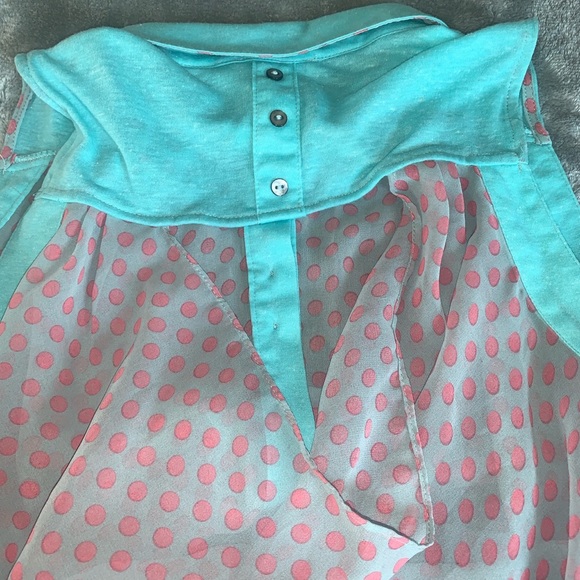 Double Zero Aqua Pink Polka Dot Sheer Blouse Hi Low Size Medium - Picture 4 of 8